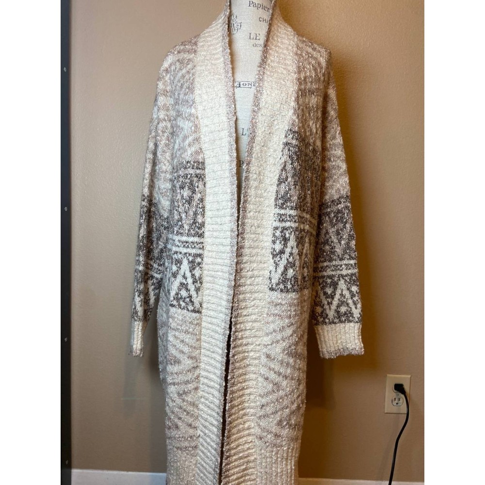 NWT Joie Cream and Brown Boho Open Front Long Cardigan Size Medium Wool Blend